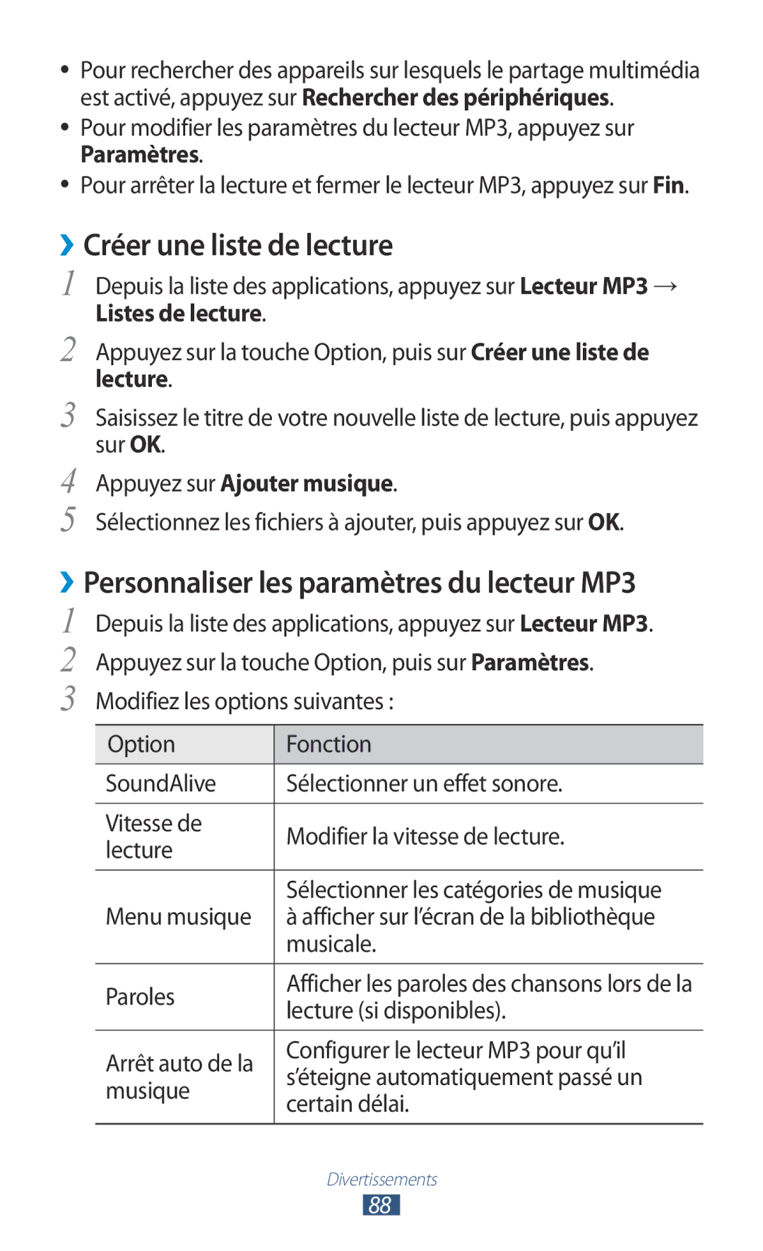 Samsung GT-I9305RWDXEF manual ››Créer une liste de lecture, ››Personnaliser les paramètres du lecteur MP3, Lecture 