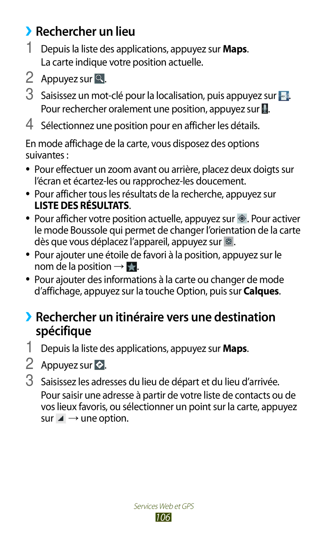 Samsung GT-I9305OKDSFR manual ››Rechercher un lieu, ››Rechercher un itinéraire vers une destination spécifique, 106 