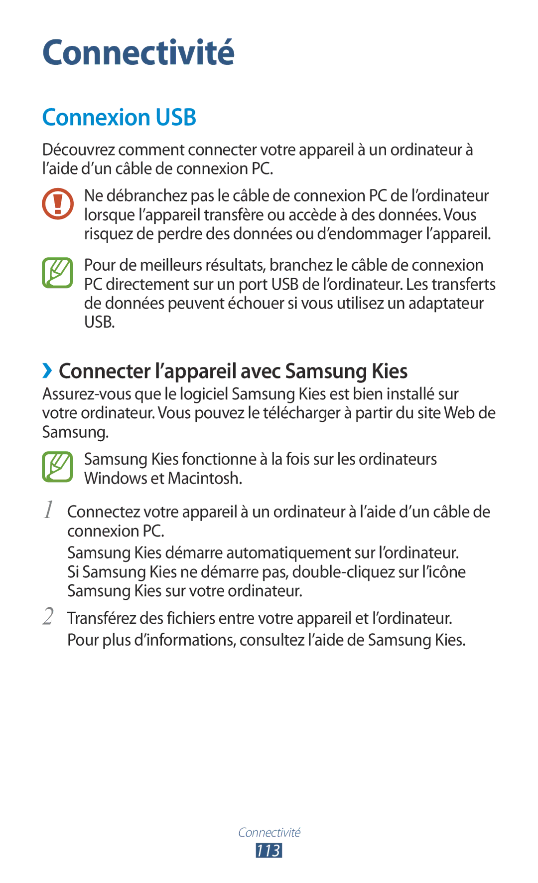 Samsung GT-I9305OKASFR, GT-I9305OKDFTM, GT-I9305TADFTM manual Connexion USB, ››Connecter l’appareil avec Samsung Kies, 113 