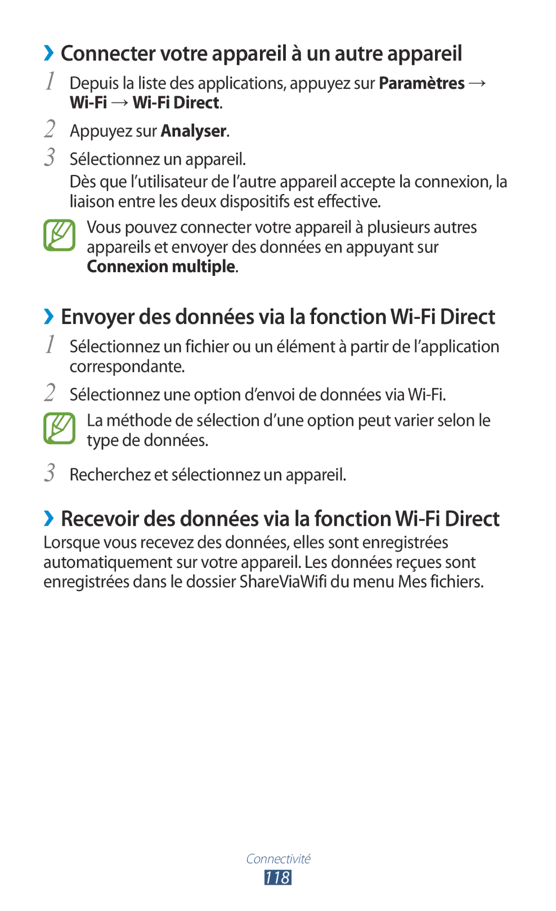 Samsung GT-I9305RWDXEF ››Connecter votre appareil à un autre appareil, ››Recevoir des données via la fonction Wi-Fi Direct 