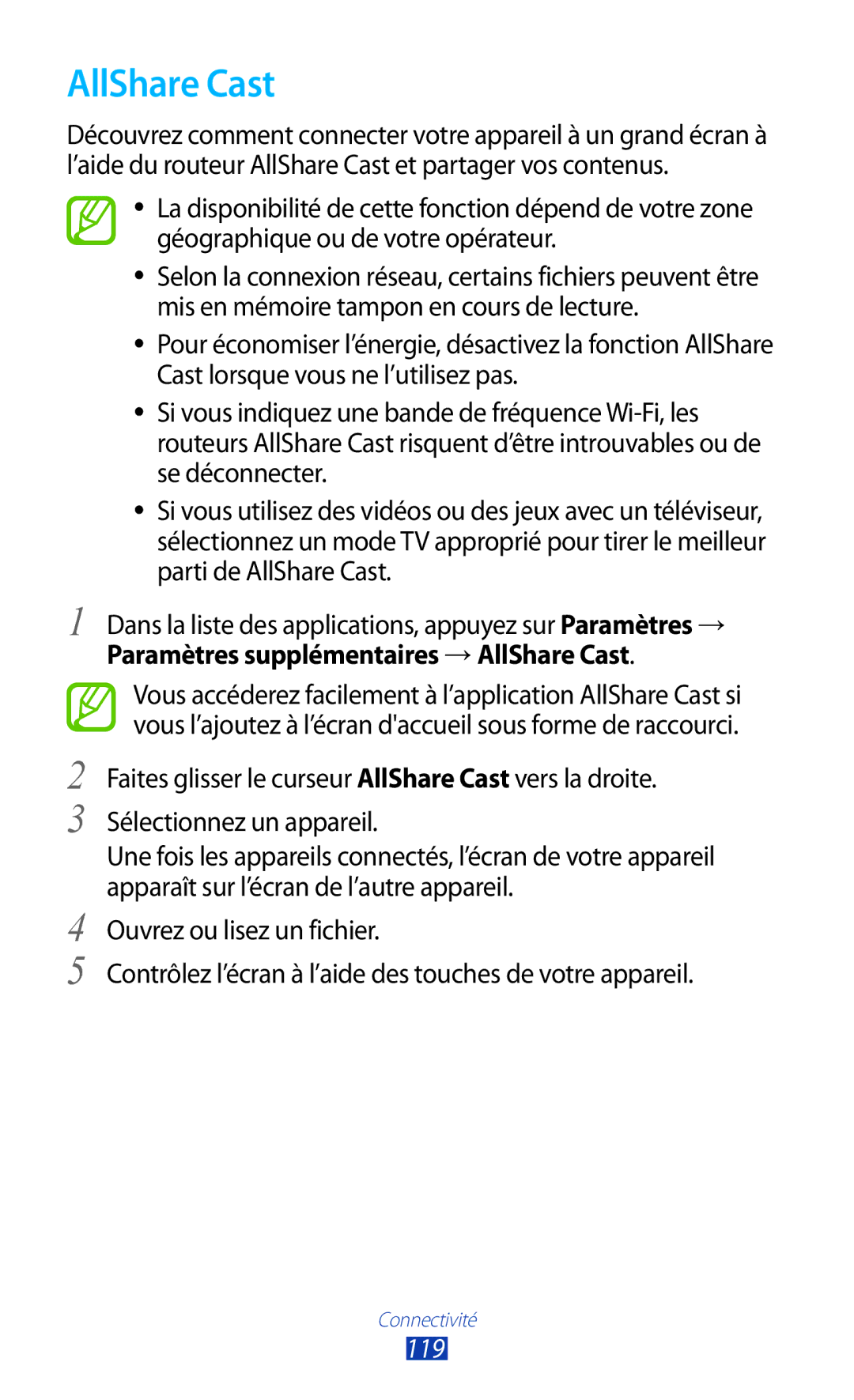 Samsung GT-I9305OKDBOG, GT-I9305OKDFTM, GT-I9305TADFTM, GT-I9305RWDSFR, GT-I9305OKASFR, GT-I9305RWDFTM manual AllShare Cast, 119 