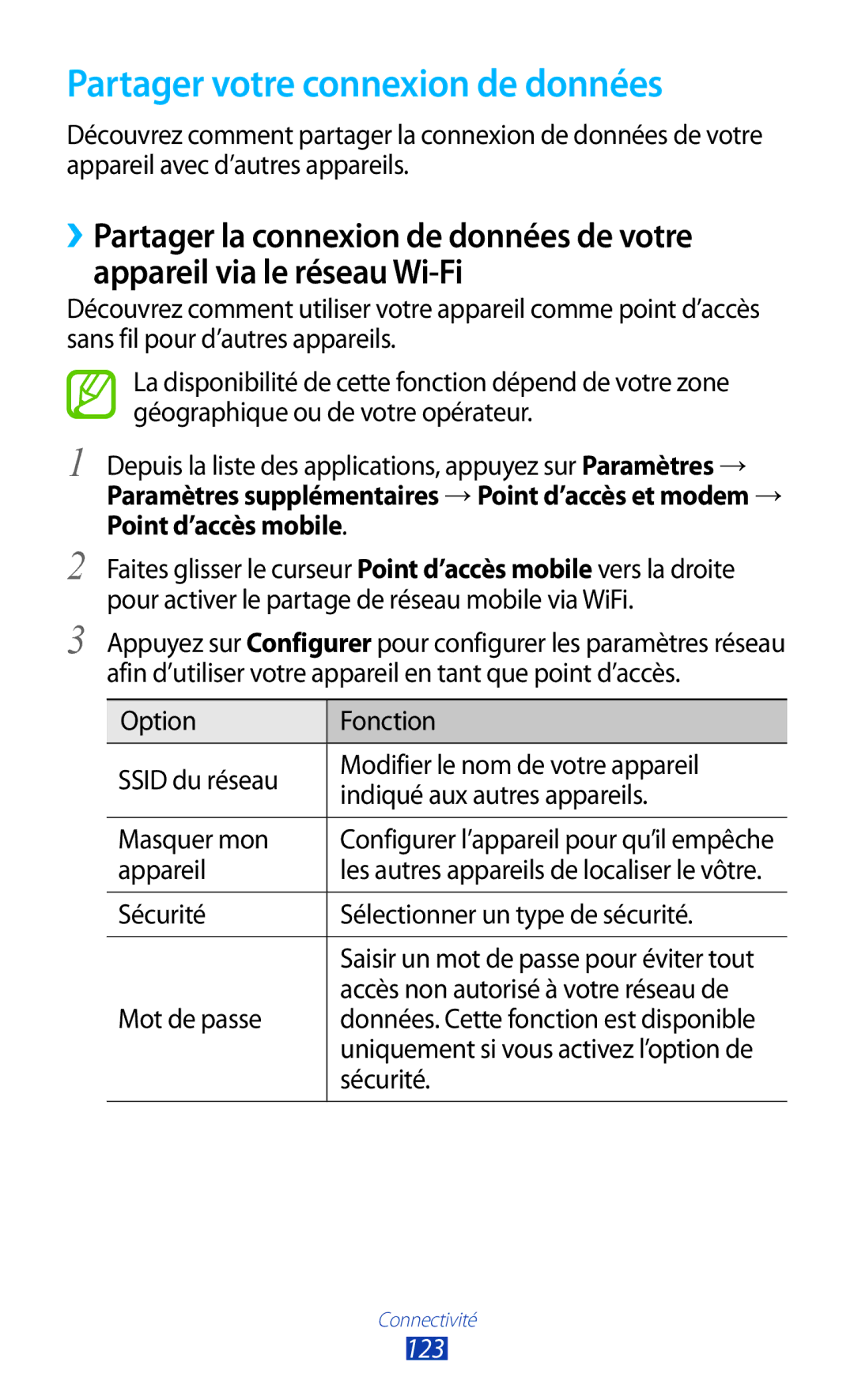 Samsung GT-I9305OKASFR, GT-I9305OKDFTM, GT-I9305TADFTM, GT-I9305RWDSFR manual Partager votre connexion de données, 123 