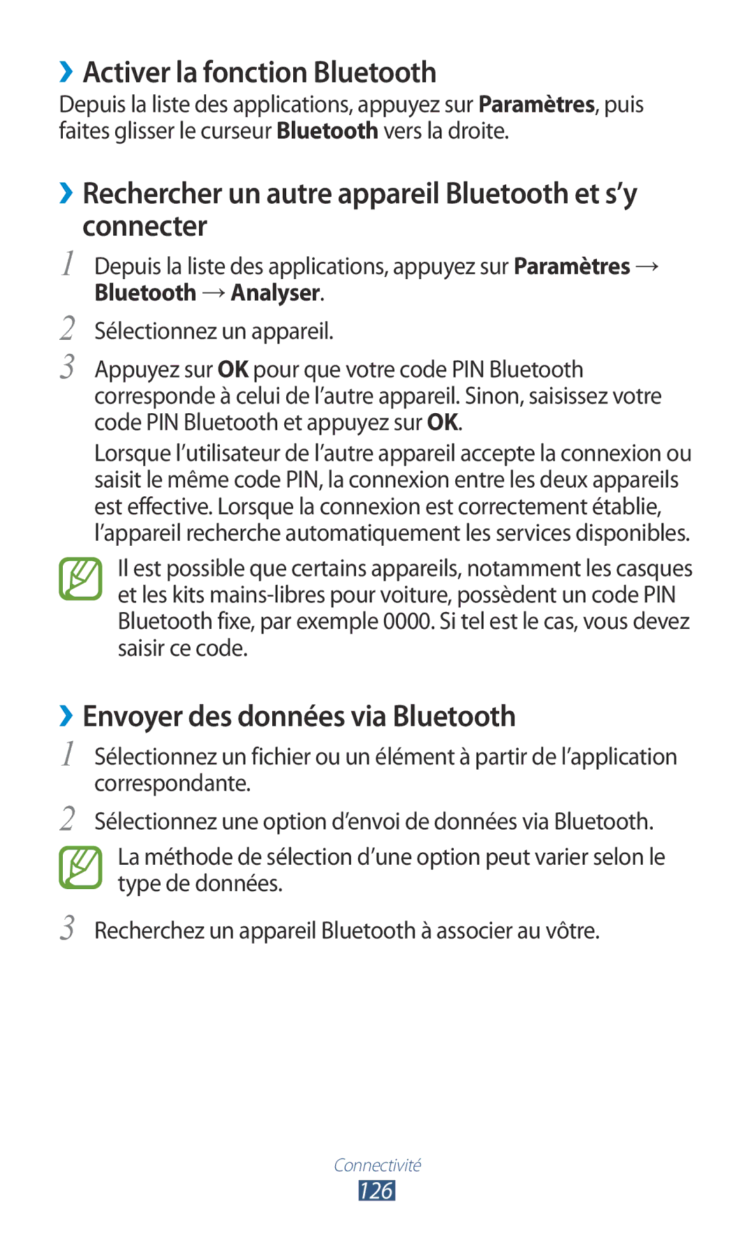 Samsung GT-I9305OKDSFR ››Activer la fonction Bluetooth, ››Rechercher un autre appareil Bluetooth et s’y connecter, 126 