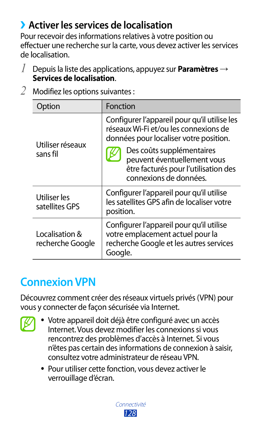 Samsung GT-I9305RWDXEF, GT-I9305OKDFTM, GT-I9305TADFTM manual Connexion VPN, ››Activer les services de localisation, 128 