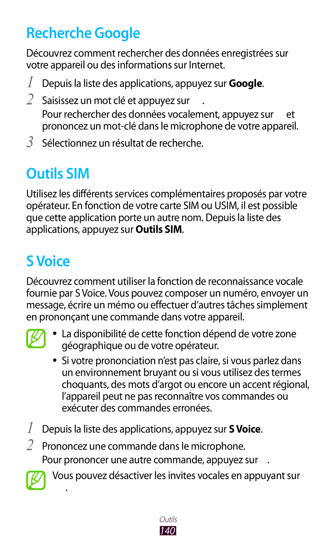 Samsung GT-I9305OKDFTM, GT-I9305TADFTM, GT-I9305RWDSFR, GT-I9305OKASFR manual Recherche Google, Outils SIM, Voice, 140 