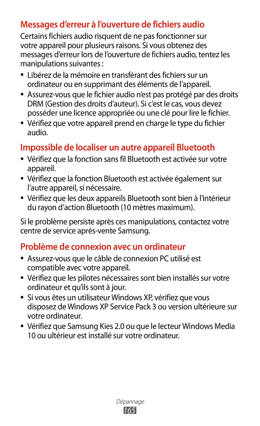 Samsung GT-I9305OKDXEF, GT-I9305OKDFTM, GT-I9305TADFTM manual Messages d’erreur à l’ouverture de fichiers audio, 165 