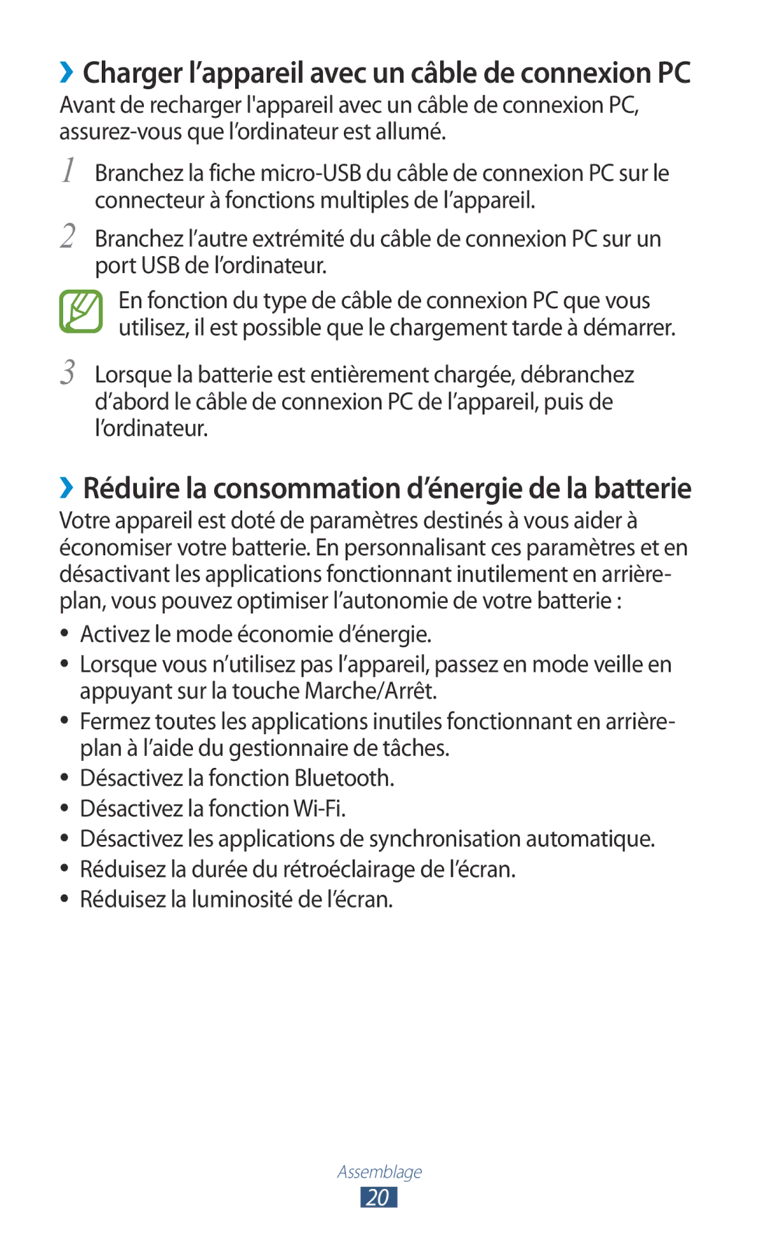 Samsung GT-I9305OKDFTM manual ››Charger l’appareil avec un câble de connexion PC, Réduisez la luminosité de l’écran 