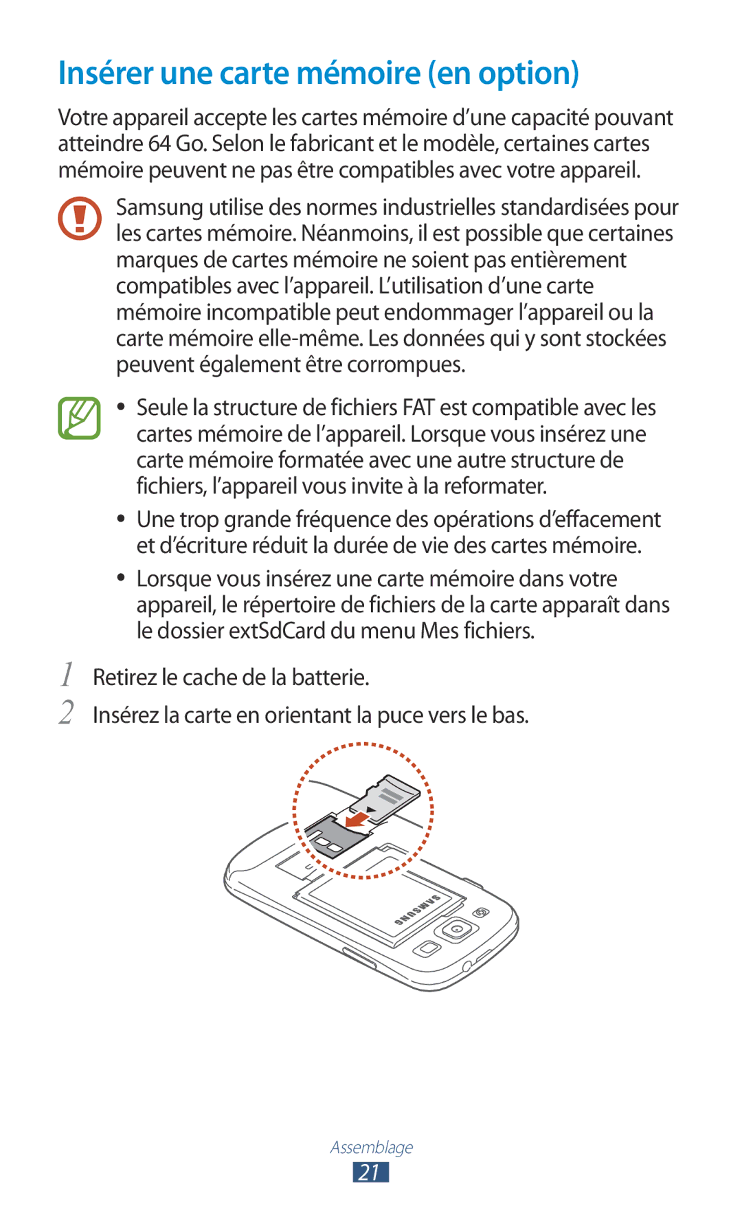 Samsung GT-I9305TADFTM, GT-I9305OKDFTM, GT-I9305RWDSFR, GT-I9305OKASFR, GT-I9305RWDFTM Insérer une carte mémoire en option 