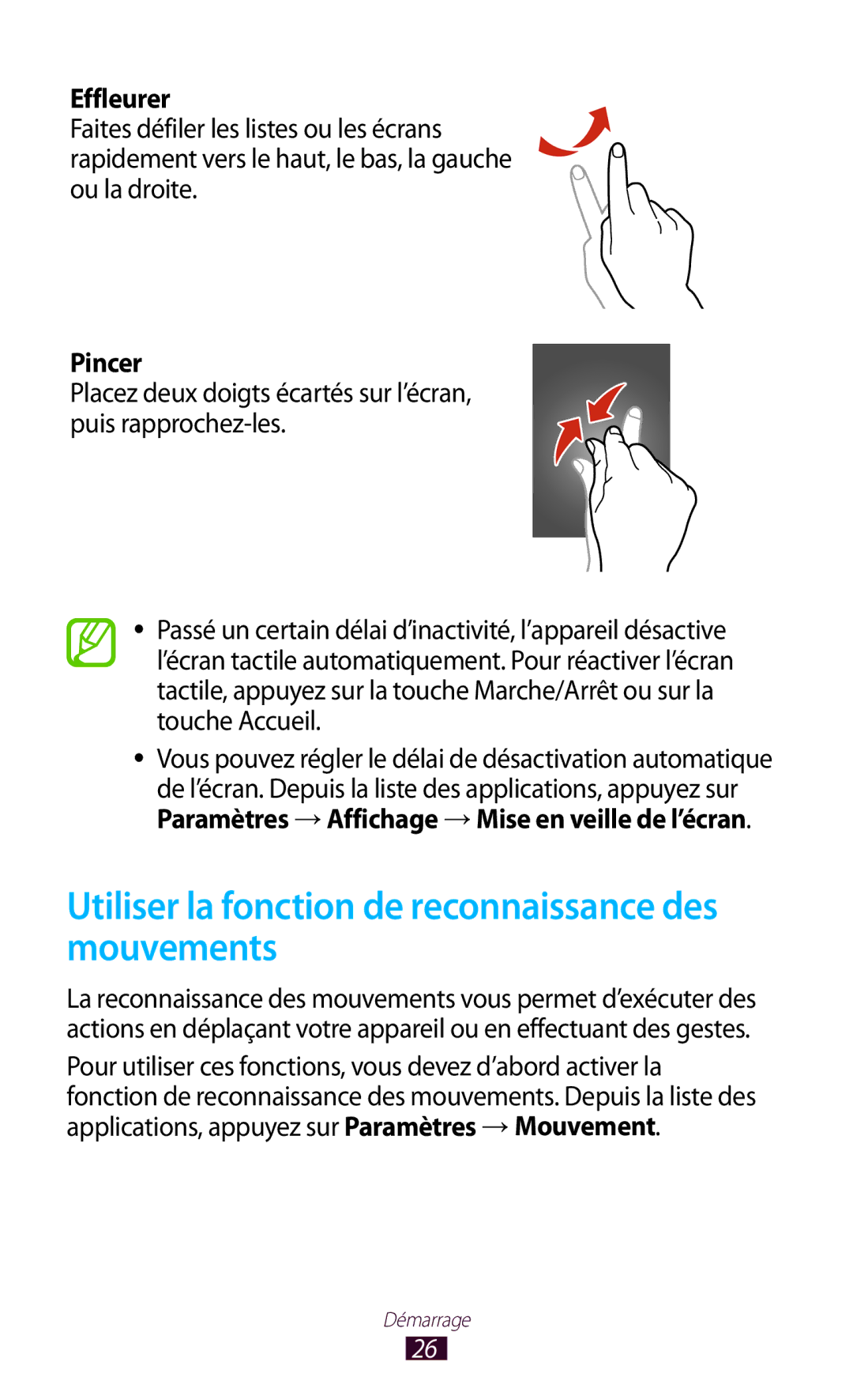 Samsung GT-I9305OKDSFR, GT-I9305OKDFTM manual Utiliser la fonction de reconnaissance des mouvements, Effleurer, Pincer 