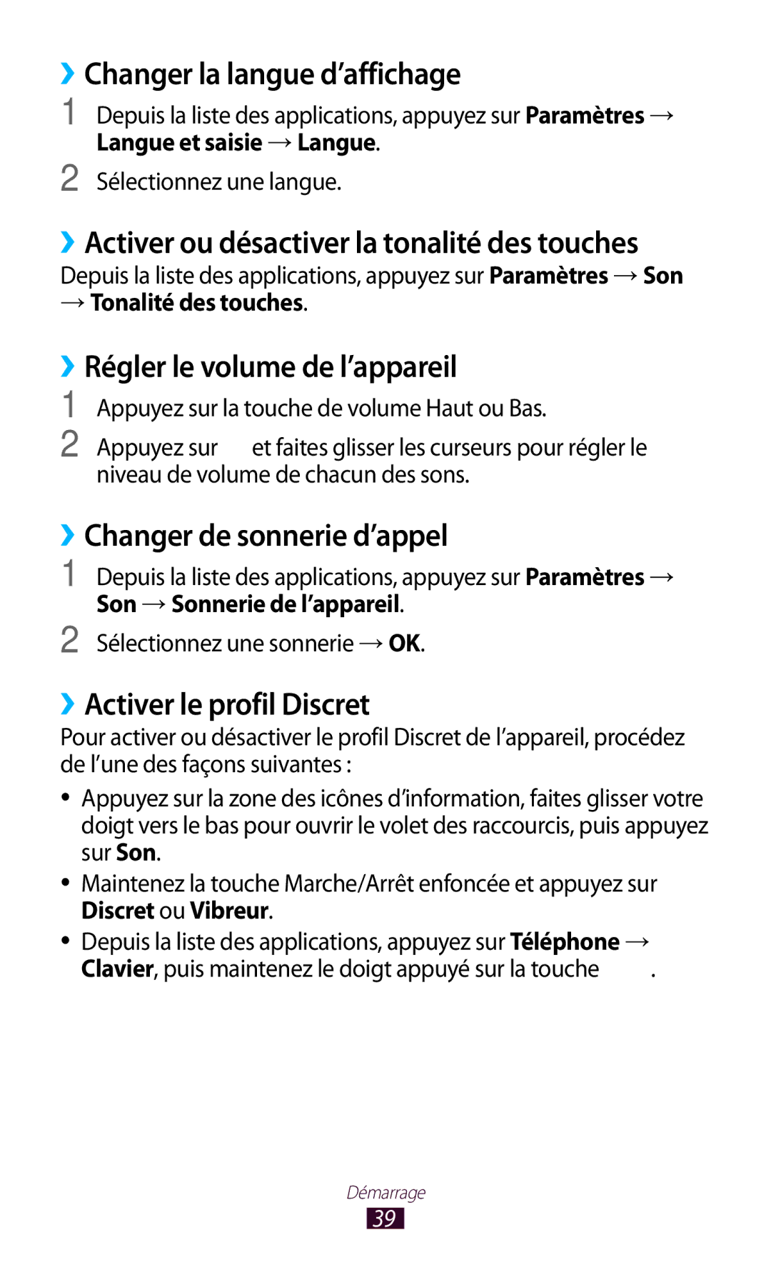 Samsung GT-I9305OKDBOG, GT-I9305OKDFTM ››Changer la langue d’affichage, ››Activer ou désactiver la tonalité des touches 