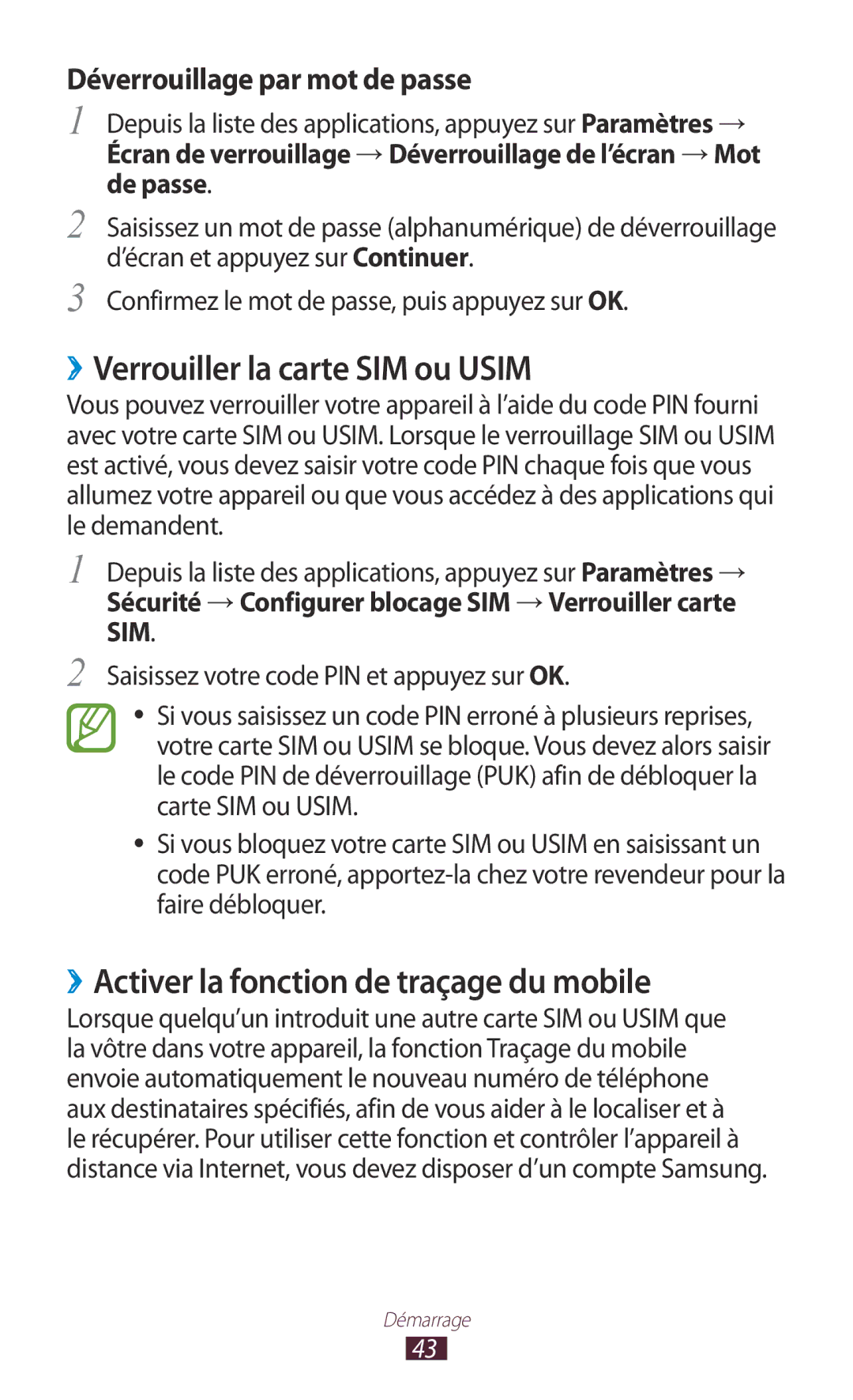 Samsung GT-I9305OKASFR, GT-I9305OKDFTM manual ››Verrouiller la carte SIM ou Usim, ››Activer la fonction de traçage du mobile 