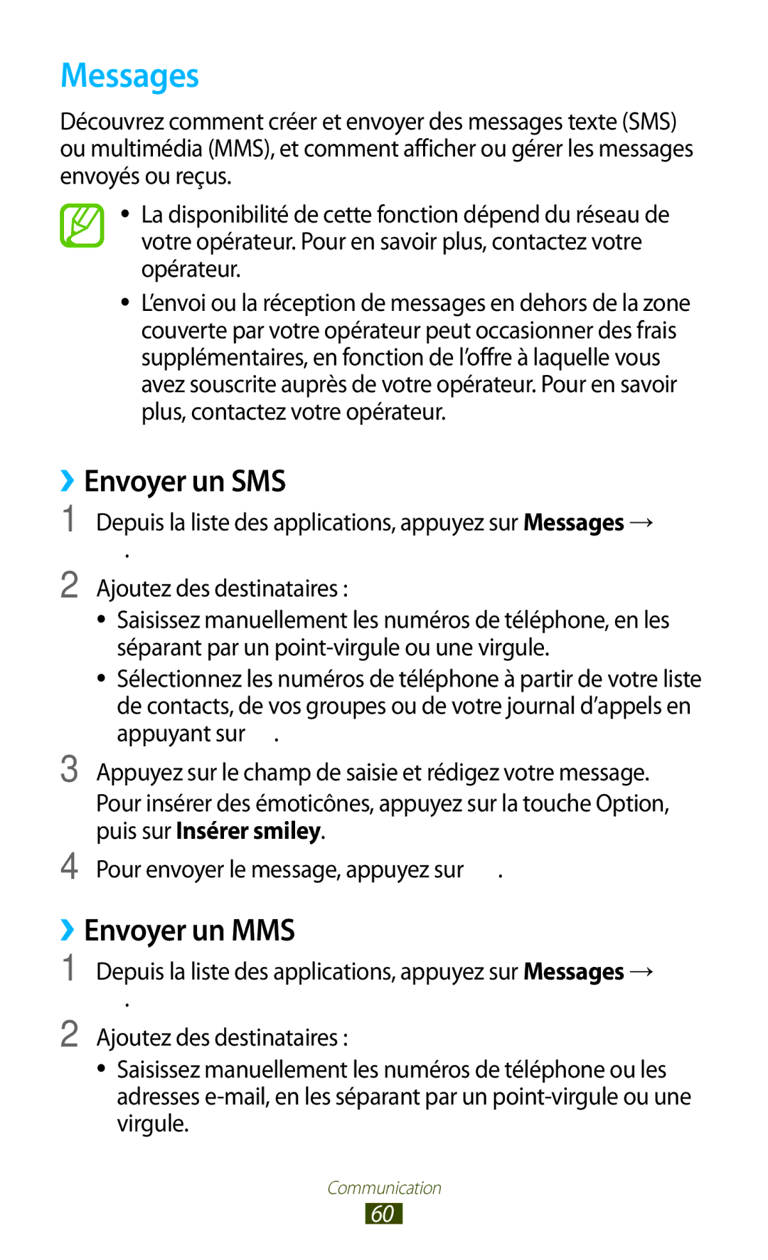 Samsung GT-I9305OKDFTM, GT-I9305TADFTM, GT-I9305RWDSFR, GT-I9305OKASFR manual Messages, ››Envoyer un SMS, ››Envoyer un MMS 