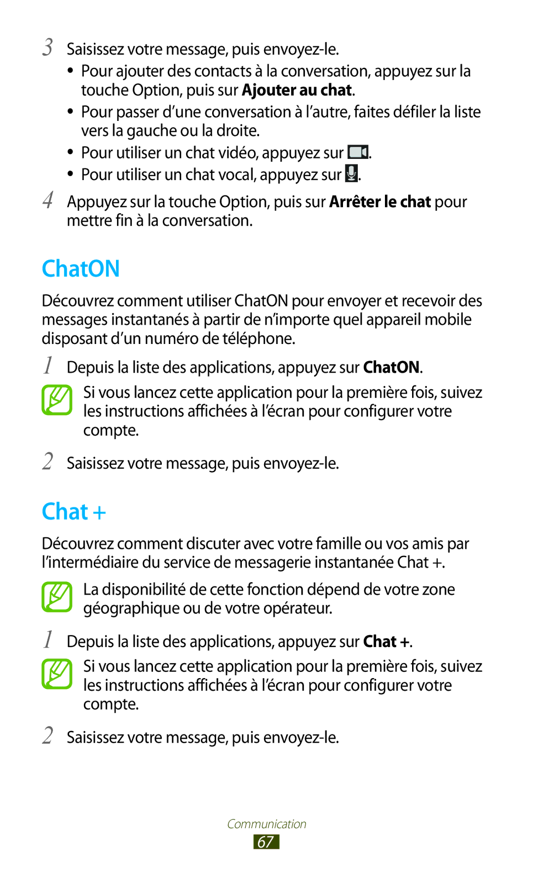 Samsung GT-I9305RWDBOG, GT-I9305OKDFTM, GT-I9305TADFTM manual ChatON, Chat +, Saisissez votre message, puis envoyez-le 