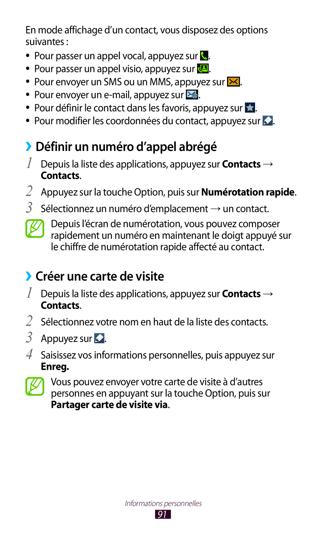 Samsung GT-I9305TADFTM, GT-I9305OKDFTM ››Définir un numéro d’appel abrégé, ››Créer une carte de visite, Contacts, Enreg 