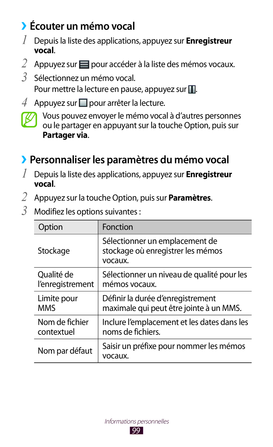 Samsung GT-I9305OKDBOG, GT-I9305OKDFTM manual ››Écouter un mémo vocal, ››Personnaliser les paramètres du mémo vocal 