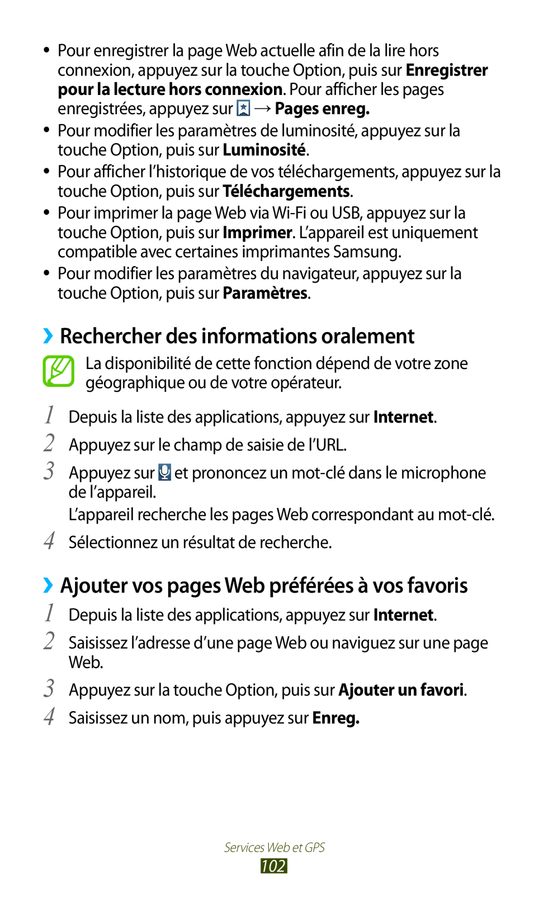 Samsung GT-I9305RWDSFR manual ››Rechercher des informations oralement, ››Ajouter vos pages Web préférées à vos favoris 