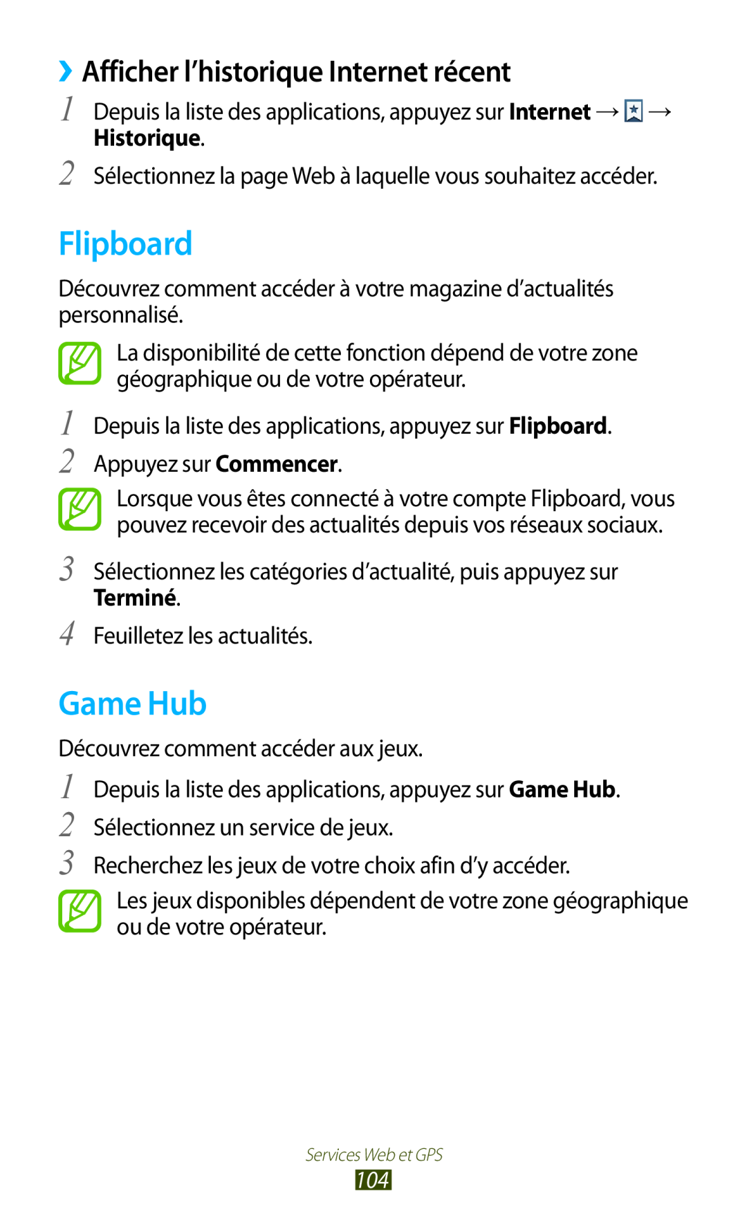 Samsung GT-I9305RWDFTM, GT-I9305OKDFTM, GT-I9305TADFTM manual Flipboard, Game Hub, ››Afficher l’historique Internet récent 