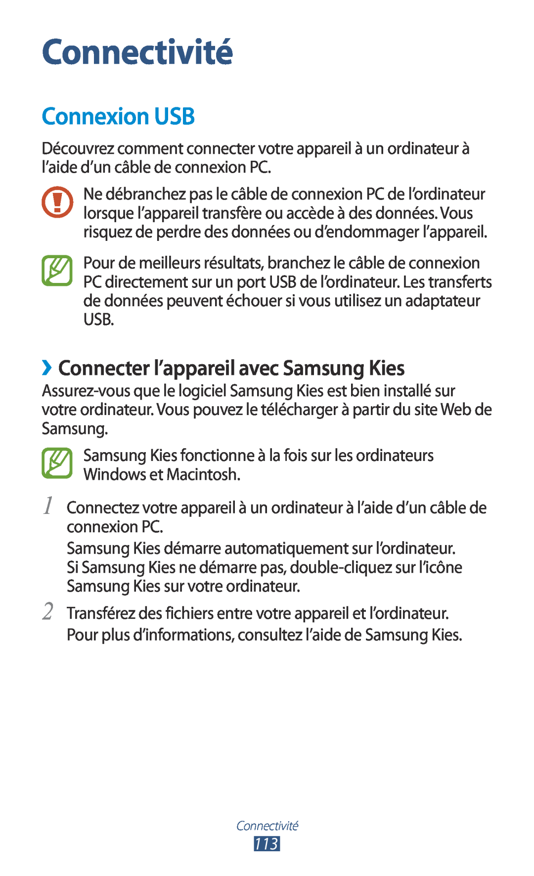 Samsung GT-I9305OKASFR, GT-I9305OKDFTM manual Connectivité, Connexion USB, ››Connecter l’appareil avec Samsung Kies 