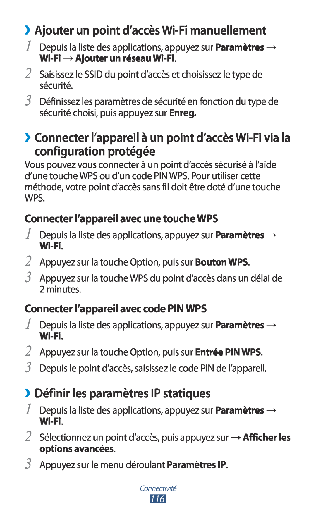 Samsung GT-I9305OKDSFR manual ››Ajouter un point d’accès Wi-Fi manuellement, ››Définir les paramètres IP statiques 