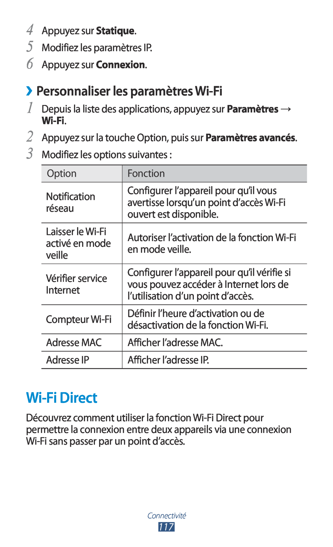 Samsung GT-I9305RWDBOG, GT-I9305OKDFTM, GT-I9305TADFTM, GT-I9305RWDSFR Wi-Fi Direct, ››Personnaliser les paramètres Wi-Fi 