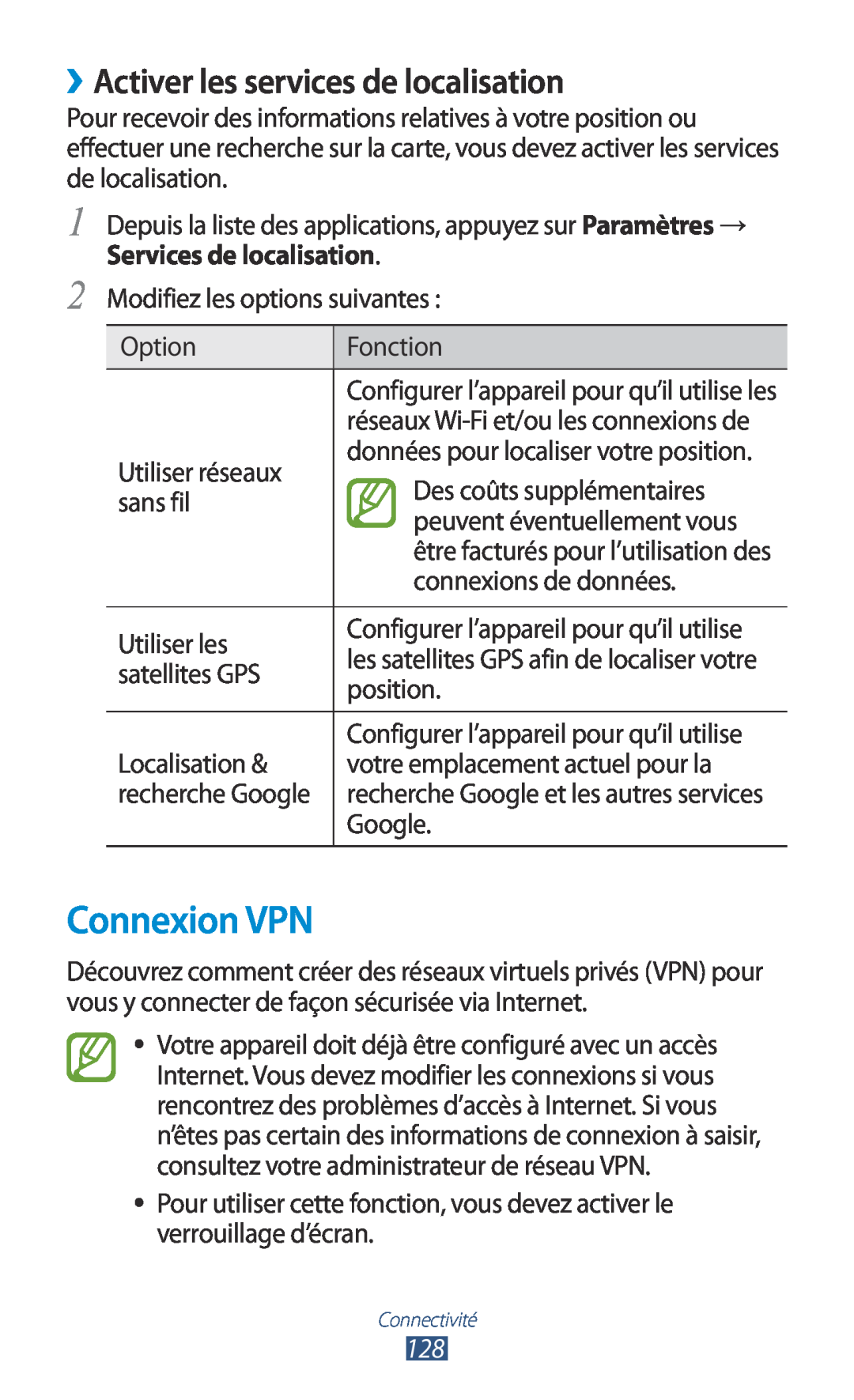 Samsung GT-I9305RWDXEF, GT-I9305OKDFTM, GT-I9305TADFTM, GT-I9305RWDSFR Connexion VPN, ››Activer les services de localisation 
