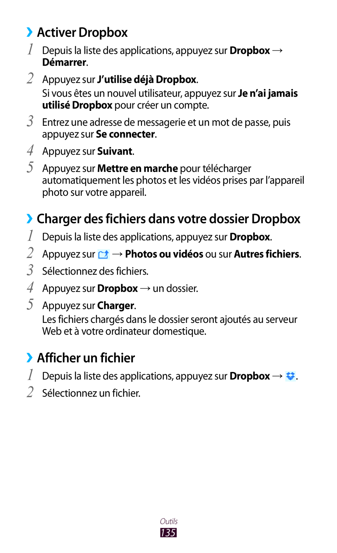 Samsung GT-I9305OKDXEF manual ››Activer Dropbox, ››Afficher un fichier, ››Charger des fichiers dans votre dossier Dropbox 