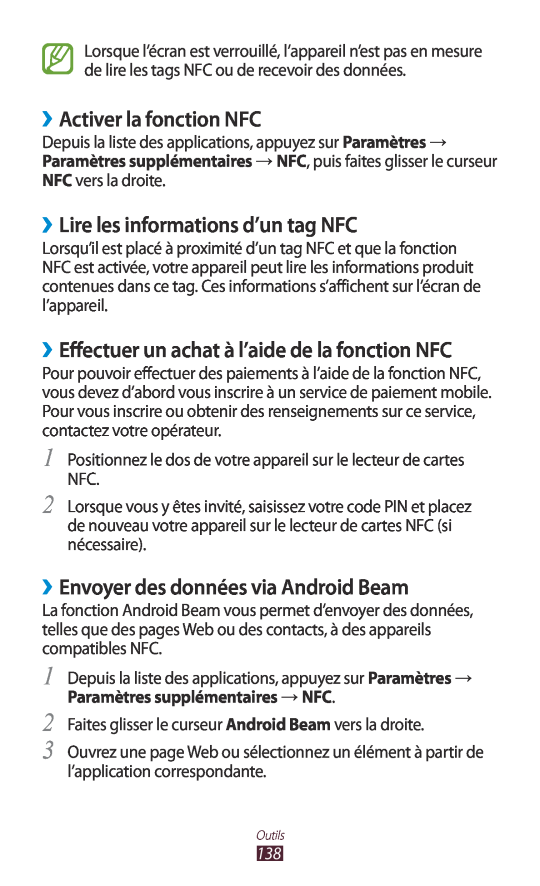 Samsung GT-I9305RWDXEF, GT-I9305OKDFTM, GT-I9305TADFTM manual ››Activer la fonction NFC, ››Lire les informations d’un tag NFC 