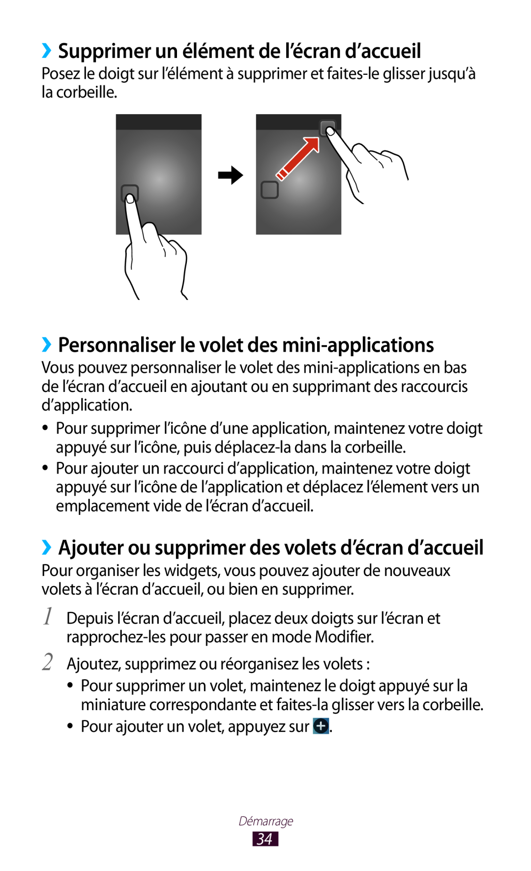 Samsung GT-I9305RWDFTM manual ››Supprimer un élément de l’écran d’accueil, ››Personnaliser le volet des mini-applications 