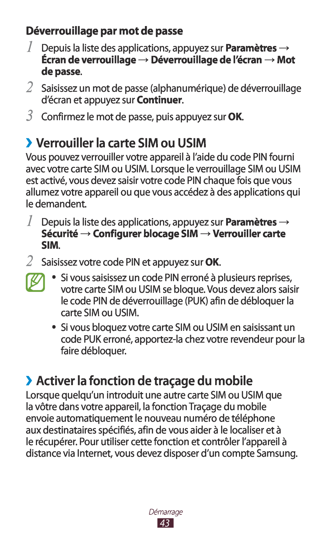 Samsung GT-I9305OKASFR, GT-I9305OKDFTM manual ››Verrouiller la carte SIM ou USIM, ››Activer la fonction de traçage du mobile 