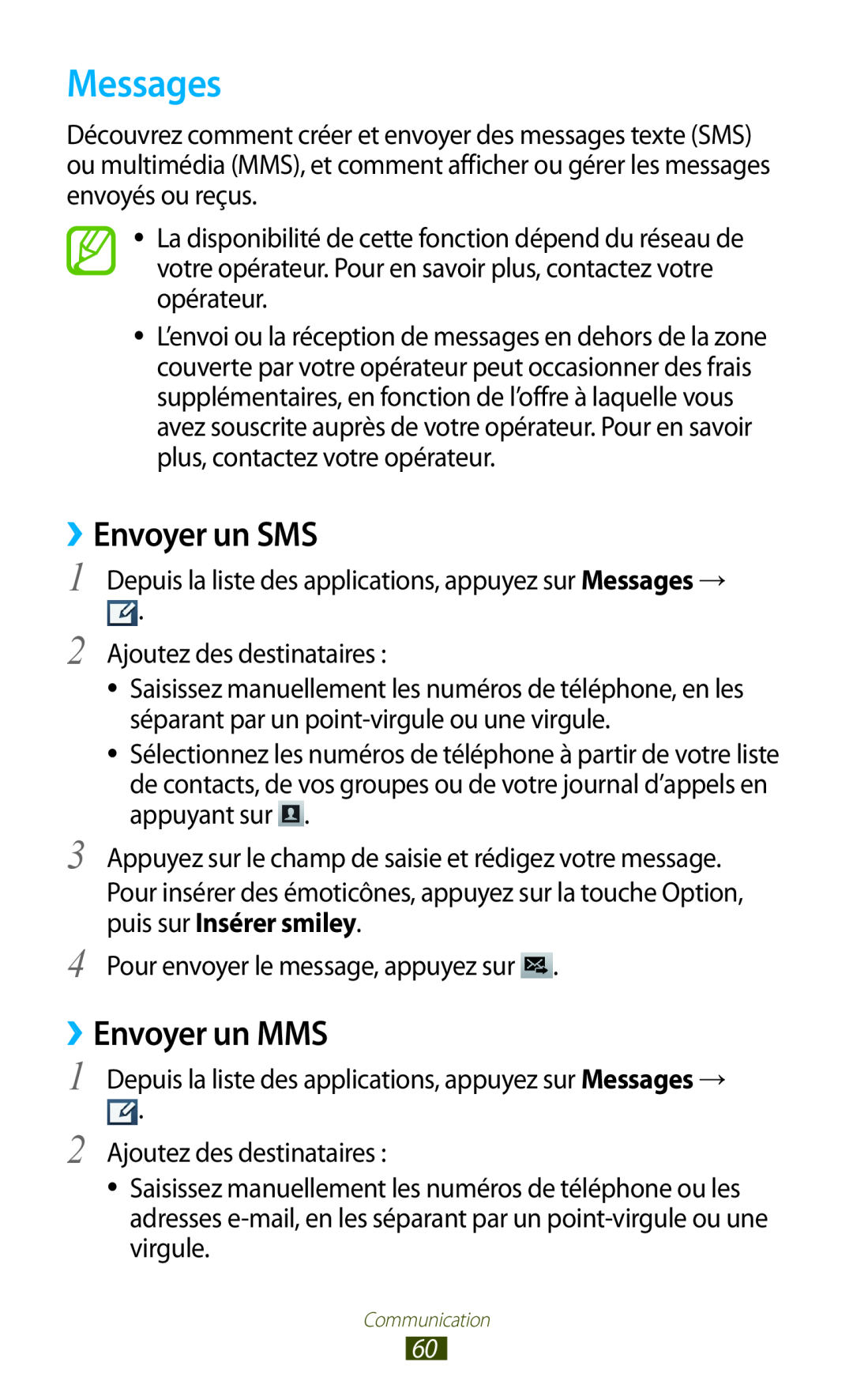 Samsung GT-I9305OKDFTM, GT-I9305TADFTM, GT-I9305RWDSFR, GT-I9305OKASFR manual Messages, ››Envoyer un SMS, ››Envoyer un MMS 