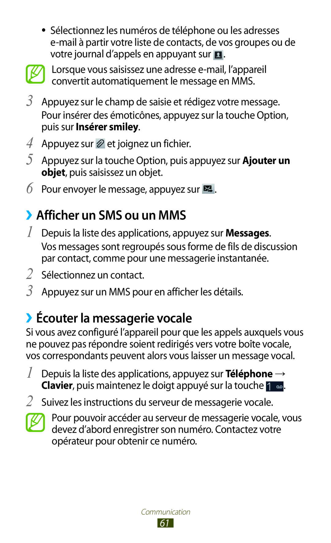 Samsung GT-I9305TADFTM, GT-I9305OKDFTM, GT-I9305RWDSFR manual ››Afficher un SMS ou un MMS, ››Écouter la messagerie vocale 