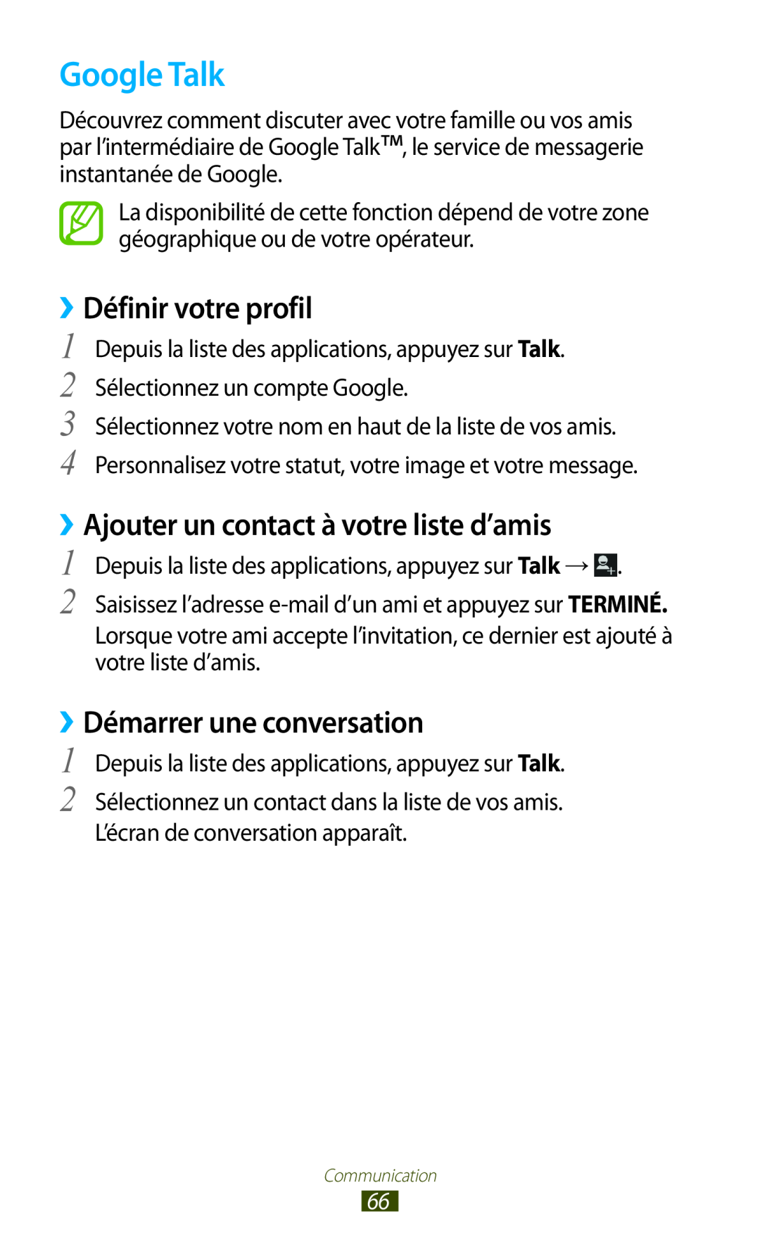 Samsung GT-I9305OKDSFR, GT-I9305OKDFTM manual Google Talk, ››Définir votre profil, ››Ajouter un contact à votre liste d’amis 