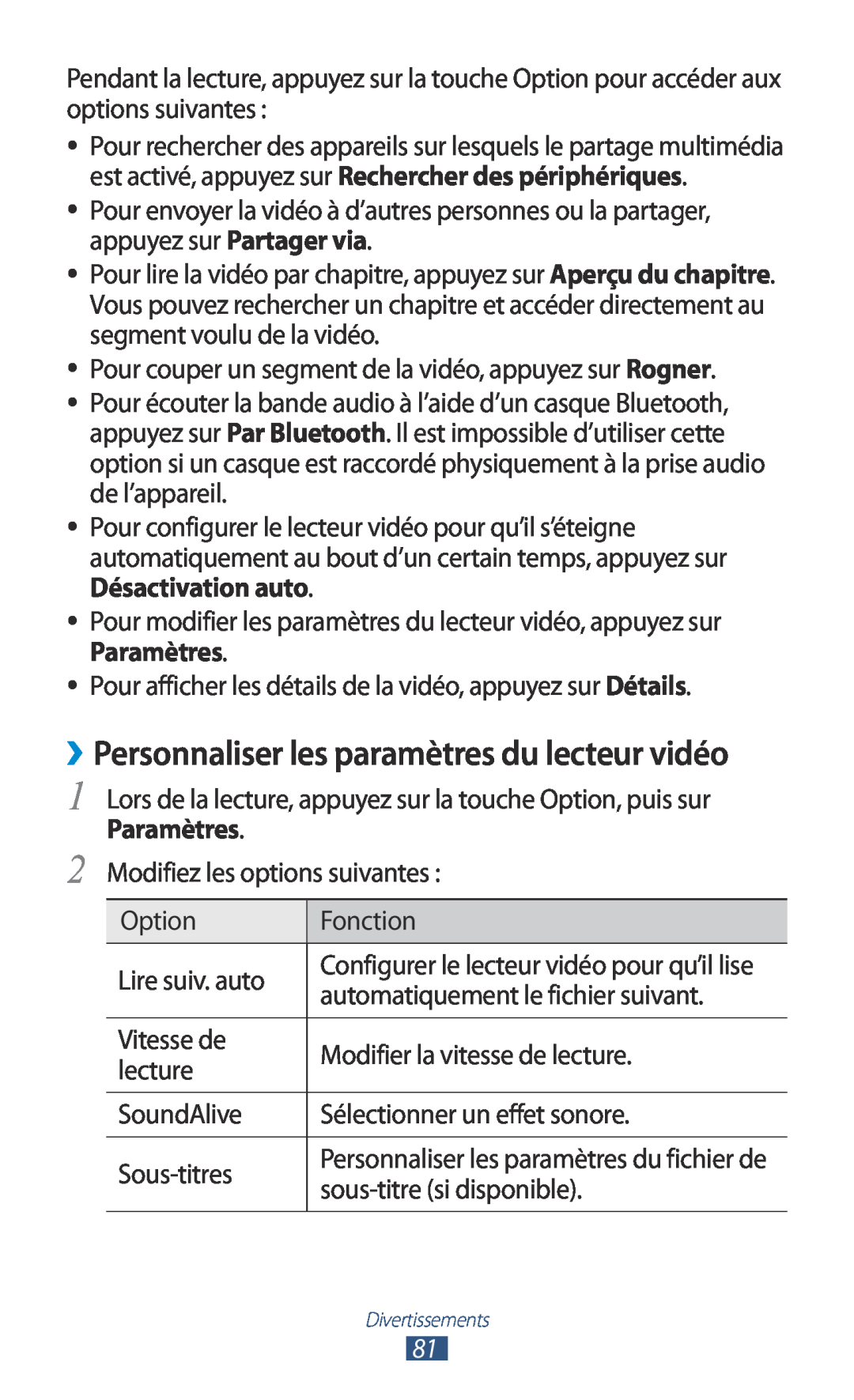 Samsung GT-I9305TADFTM manual ››Personnaliser les paramètres du lecteur vidéo, Configurer le lecteur vidéo pour qu’il lise 