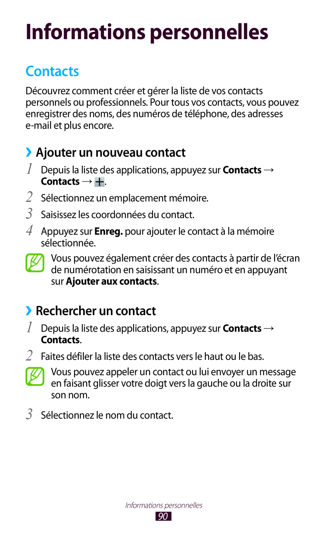 Samsung GT-I9305OKDFTM manual Informations personnelles, Contacts, ››Ajouter un nouveau contact, ››Rechercher un contact 