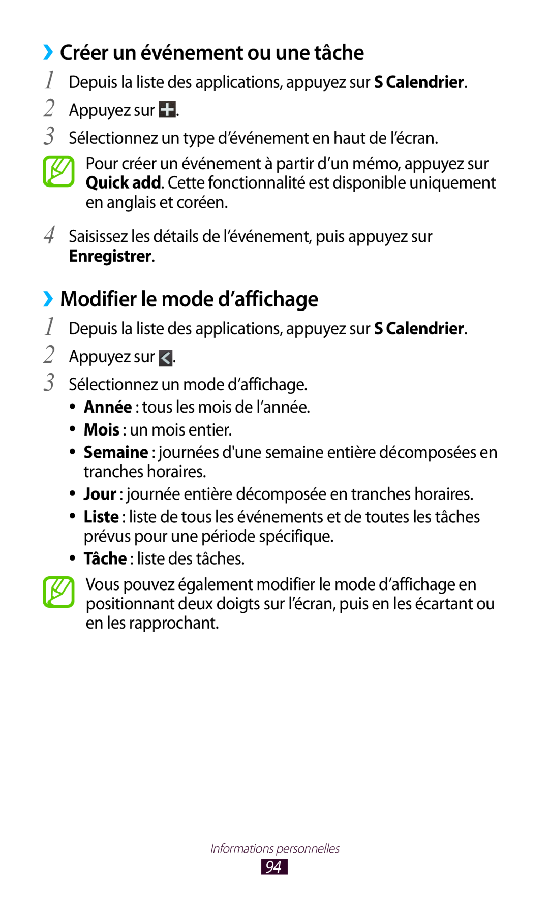 Samsung GT-I9305RWDFTM, GT-I9305OKDFTM manual ››Créer un événement ou une tâche, ››Modifier le mode d’affichage, Enregistrer 