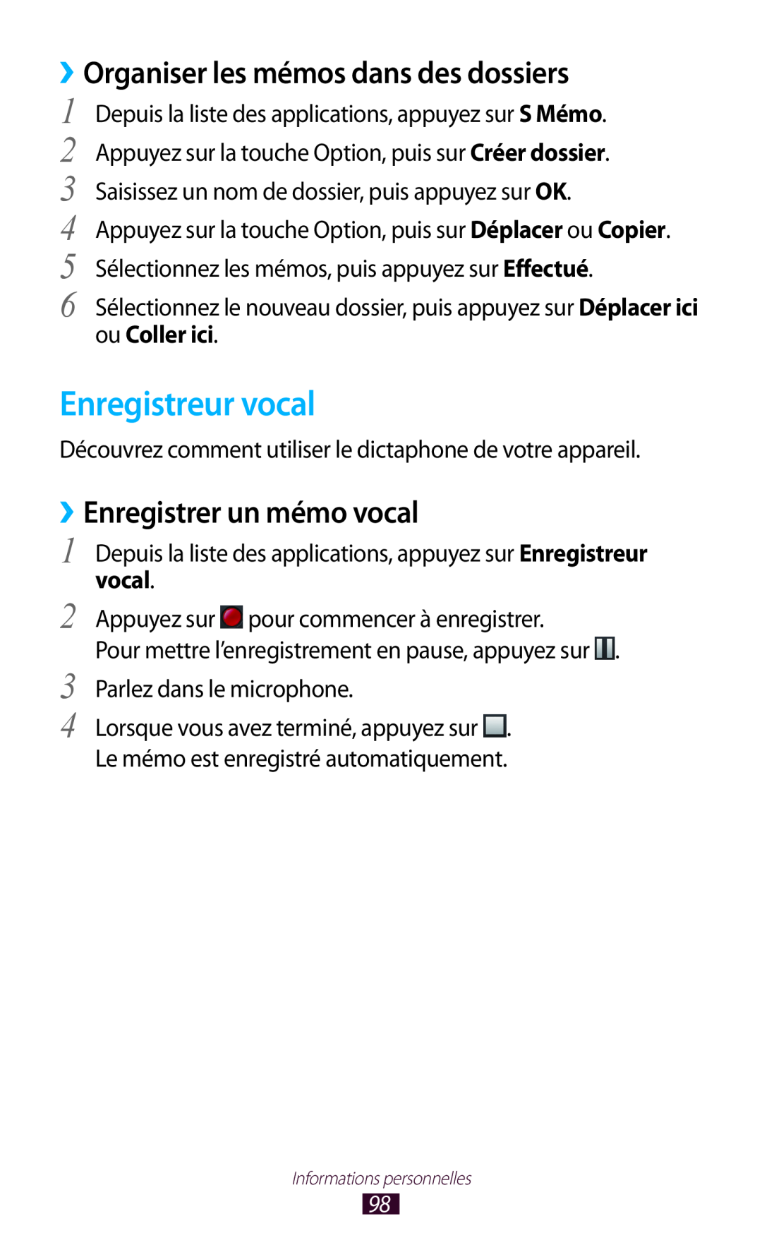 Samsung GT-I9305RWDXEF manual Enregistreur vocal, ››Organiser les mémos dans des dossiers, ››Enregistrer un mémo vocal 