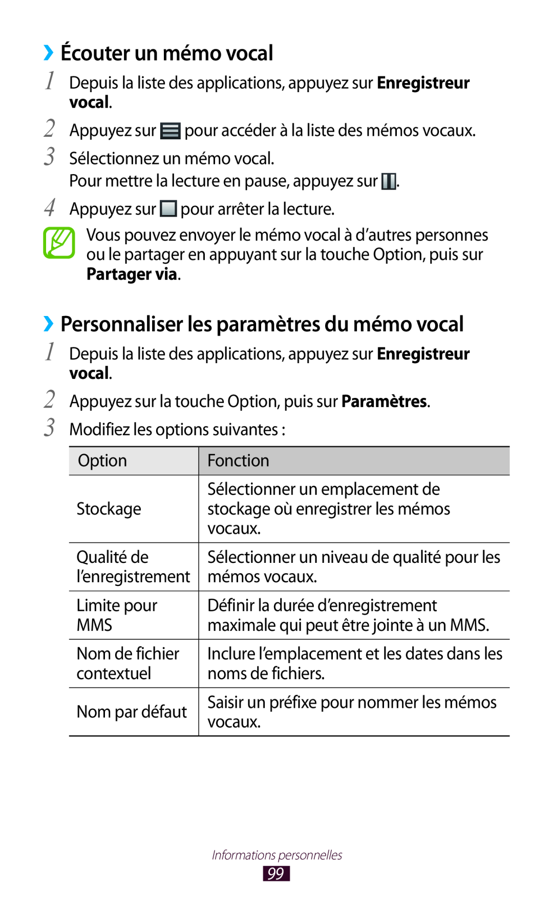 Samsung GT-I9305OKDBOG manual ››Écouter un mémo vocal, ››Personnaliser les paramètres du mémo vocal, l’enregistrement 