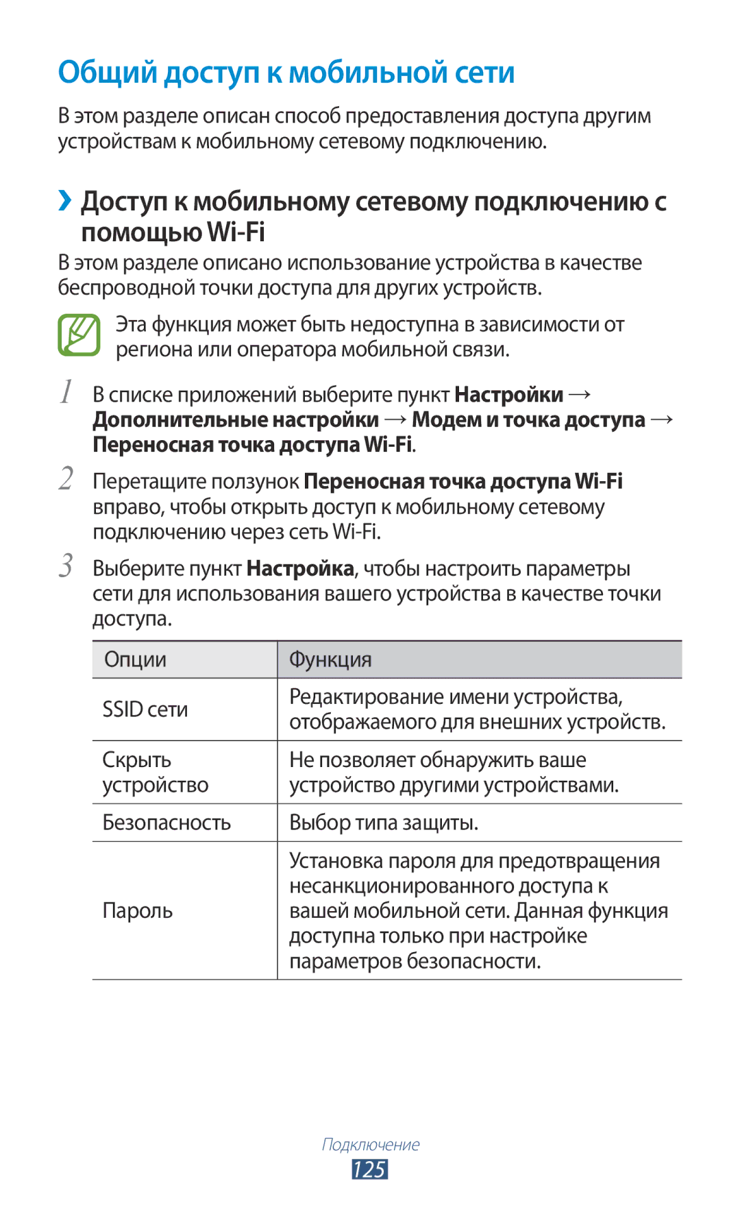Samsung GT-I9305OKRMGF Общий доступ к мобильной сети, ››Доступ к мобильному сетевому подключению с помощью Wi-Fi, 125 