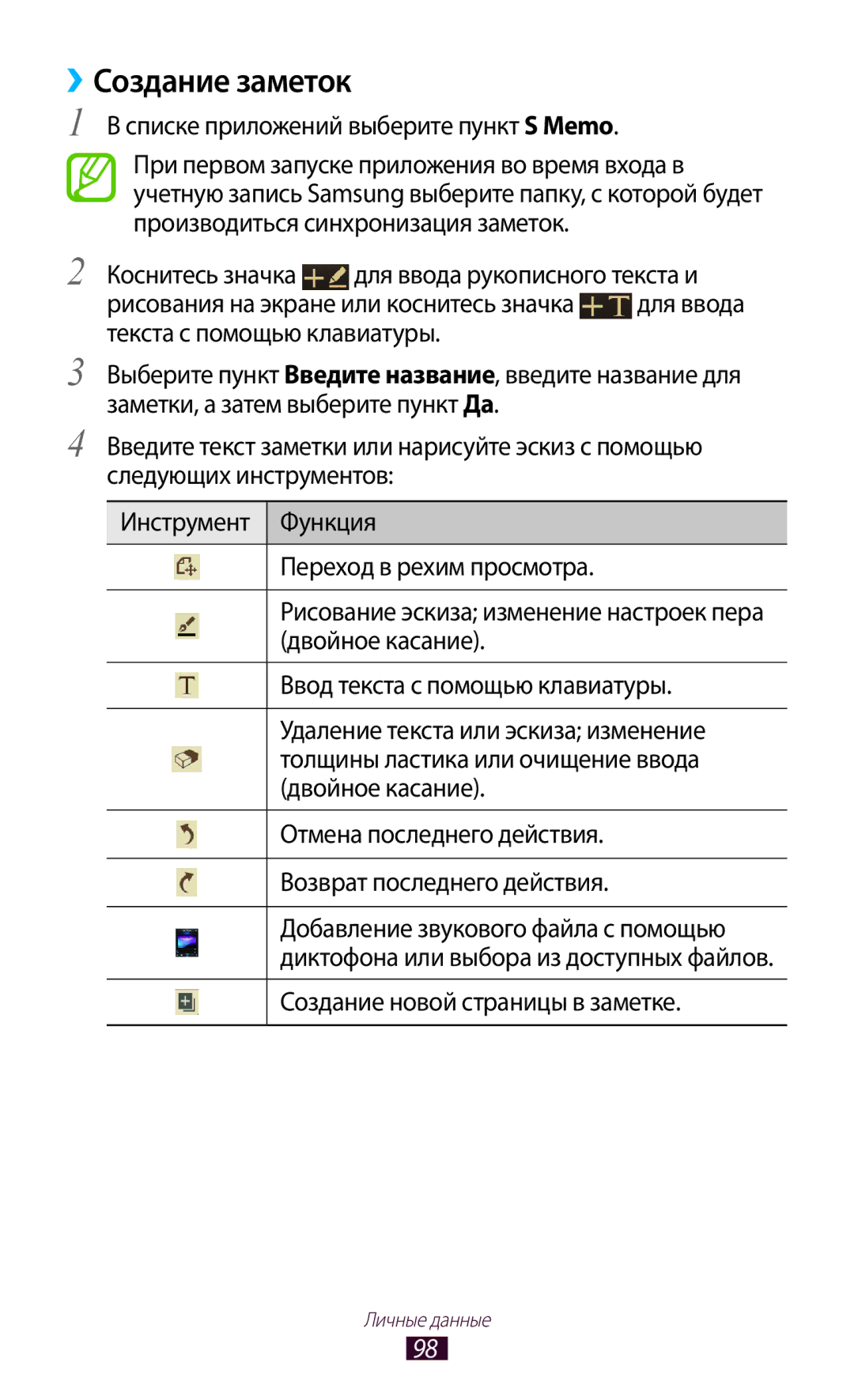 Samsung GT-I9305OKDMGF, GT-I9305OKRMGF manual ››Создание заметок, Создание новой страницы в заметке 