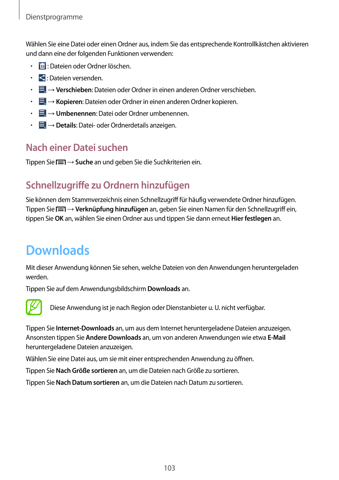 Samsung GT-I9305OKDTPH, GT-I9305OKDTMN manual Downloads, Nach einer Datei suchen, Schnellzugriffe zu Ordnern hinzufügen 