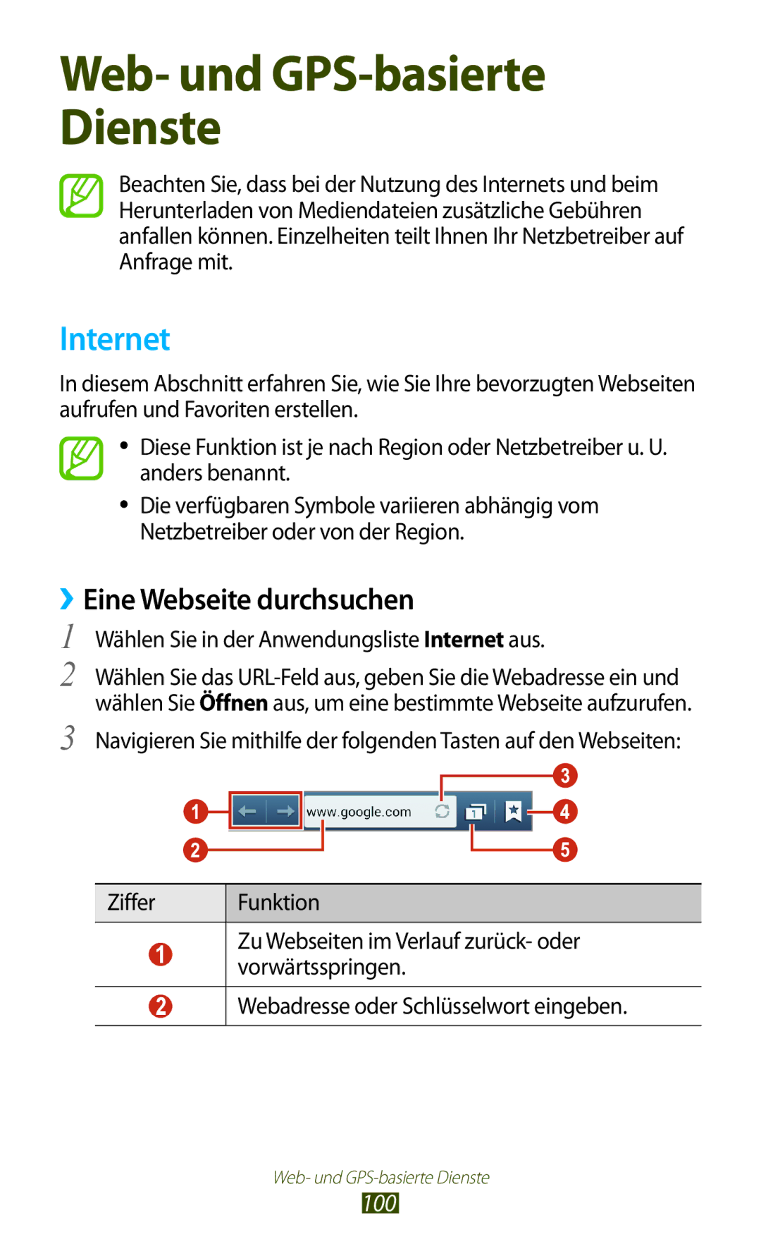 Samsung GT-I9305OKDTMN manual ››Eine Webseite durchsuchen, 100, Wählen Sie in der Anwendungsliste Internet aus 