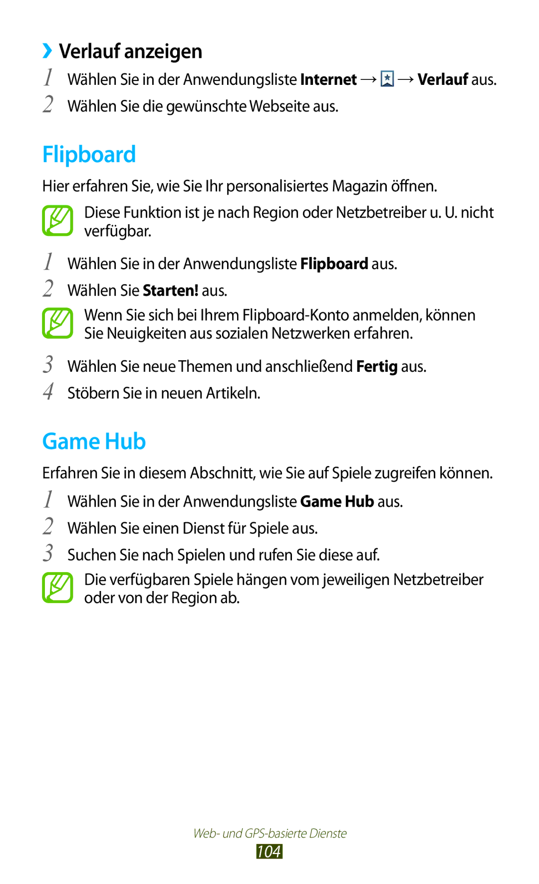 Samsung GT-I9305MBDXEO, GT-I9305OKDTMN, GT-I9305RWDCOS, GT-I9305RWDDTM manual Flipboard, Game Hub, ››Verlauf anzeigen, 104 