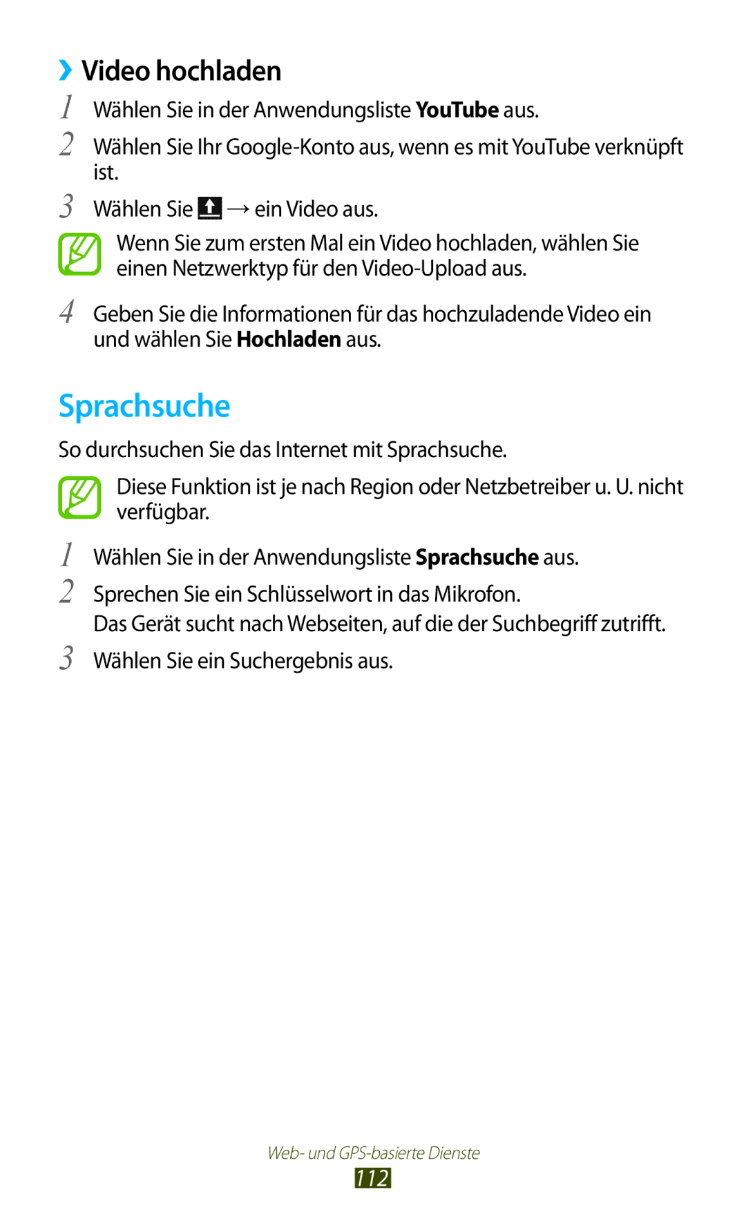 Samsung GT-I9305ZNDVD2, GT-I9305OKDTMN, GT-I9305RWDCOS, GT-I9305RWDDTM, GT-I9305OKDTPH Sprachsuche, ››Video hochladen, 112 