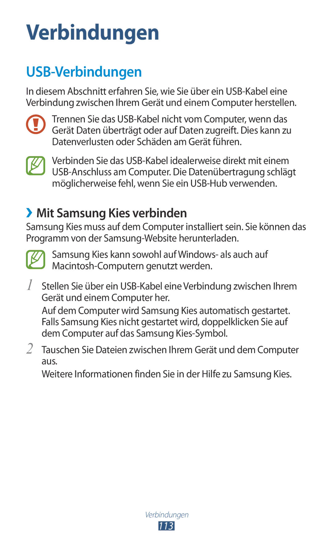 Samsung GT-I9305TADDTM, GT-I9305OKDTMN, GT-I9305RWDCOS, GT-I9305RWDDTM USB-Verbindungen, ››Mit Samsung Kies verbinden, 113 