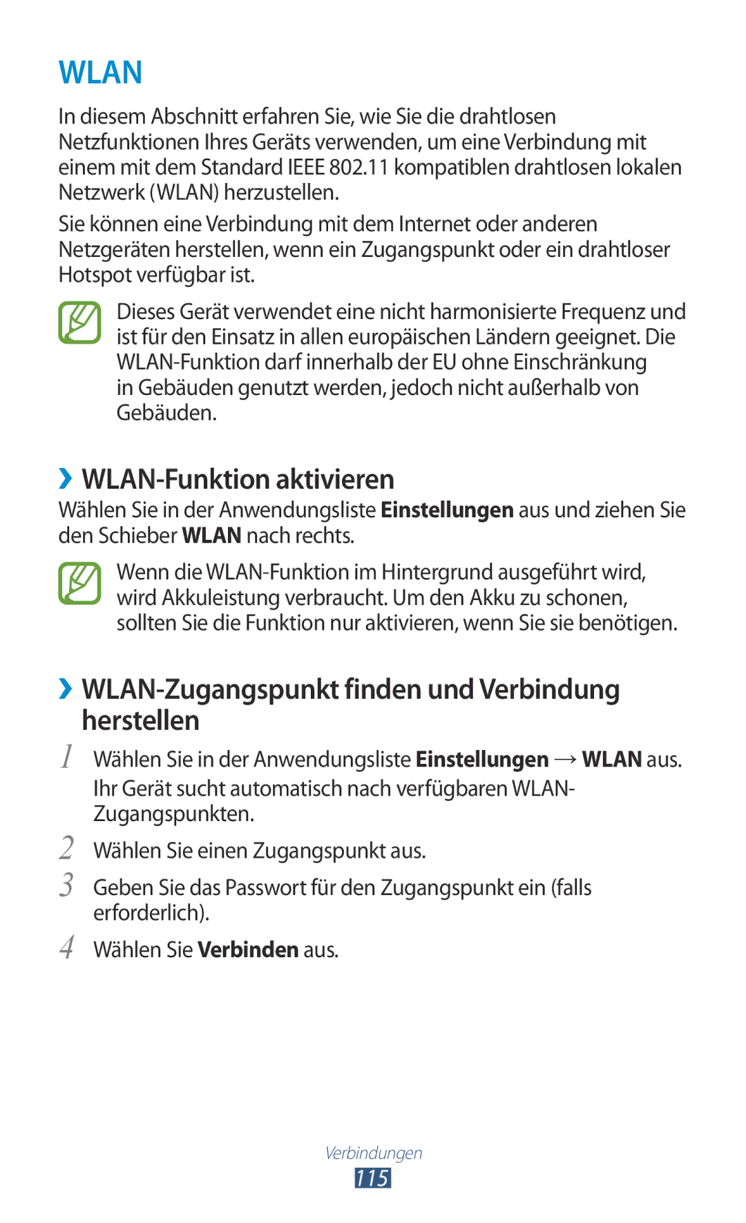 Samsung GT-I9305RWDTPH manual ››WLAN-Funktion aktivieren, ››WLAN-Zugangspunkt finden und Verbindung herstellen, 115 