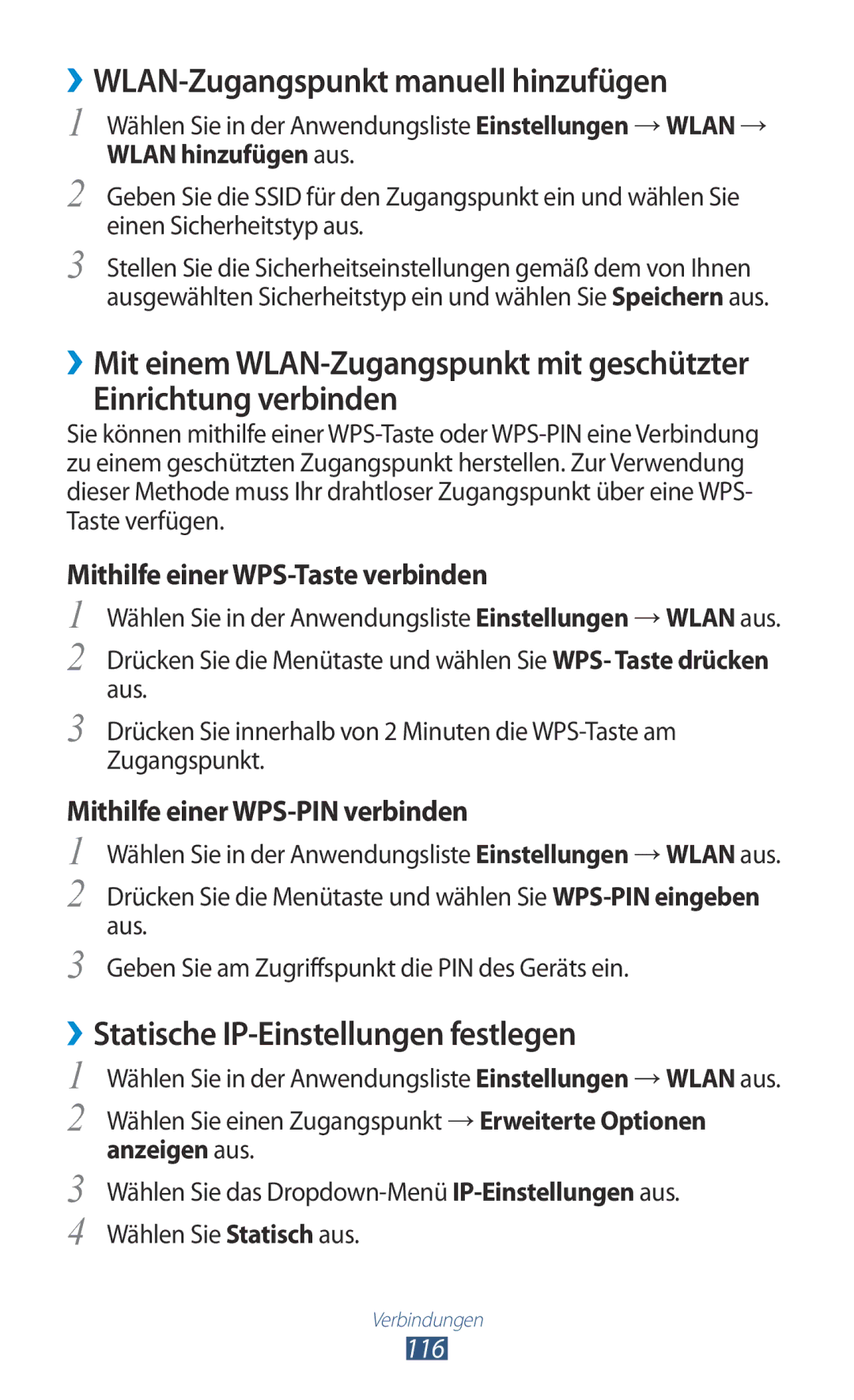 Samsung GT-I9305OKDVD2 manual ››WLAN-Zugangspunkt manuell hinzufügen, Einrichtung verbinden, 116, Wlan hinzufügen aus 