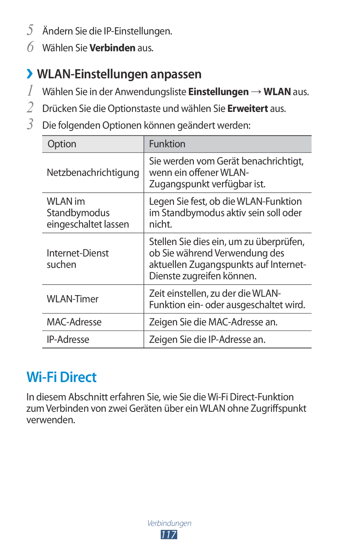 Samsung GT-I9305MBDDBT, GT-I9305OKDTMN, GT-I9305RWDCOS, GT-I9305RWDDTM manual Wi-Fi Direct, ››WLAN-Einstellungen anpassen, 117 