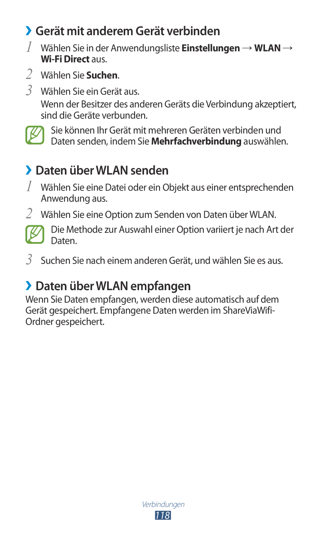 Samsung GT-I9305RWDSFR ››Gerät mit anderem Gerät verbinden, ››Daten über Wlan senden, ››Daten über Wlan empfangen, 118 