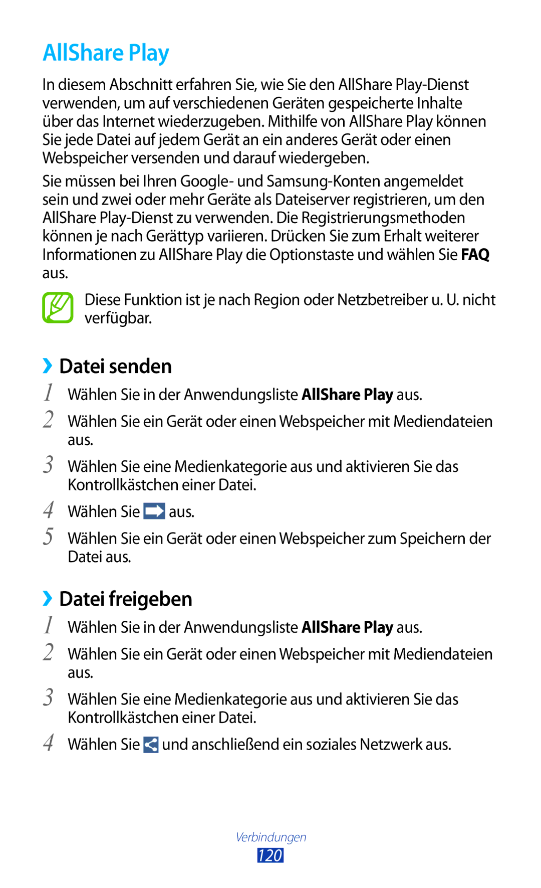 Samsung GT-I9305OKDTMN, GT-I9305RWDCOS, GT-I9305RWDDTM, GT-I9305OKDTPH AllShare Play, ››Datei senden, ››Datei freigeben, 120 