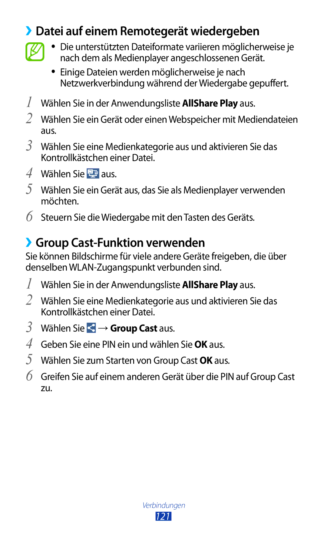 Samsung GT-I9305RWDCOS, GT-I9305OKDTMN ››Datei auf einem Remotegerät wiedergeben, ››Group Cast-Funktion verwenden, 121 